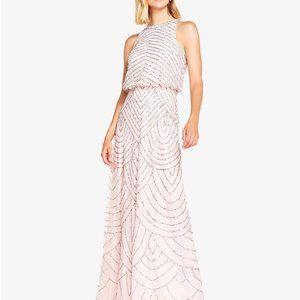 NWT Adrianna Pappel Art Deco Beaded Blouson Dress with Halter Neckline, 12P